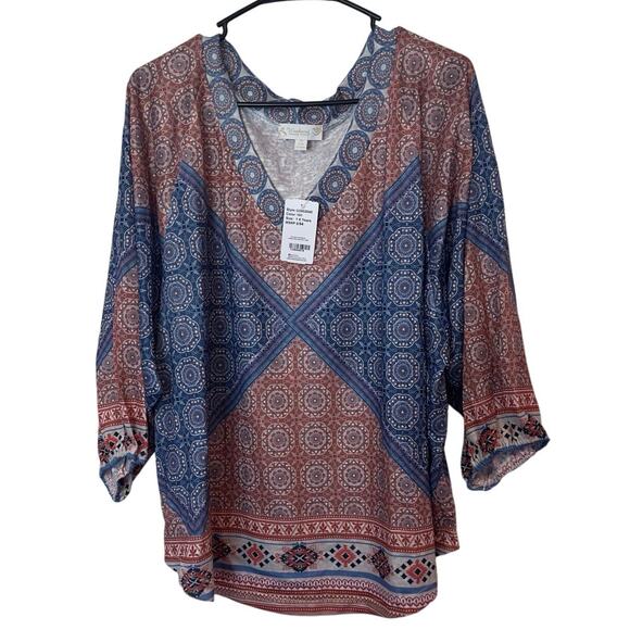 NWT Weekend Suzanne Betro Bohemian V-Neck Blouse Top Size 1X Blue Light Red - Picture 1 of 6